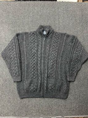 Aran Sweater Market Knit Pure New Wool Zipper Knit Jacket Mens L